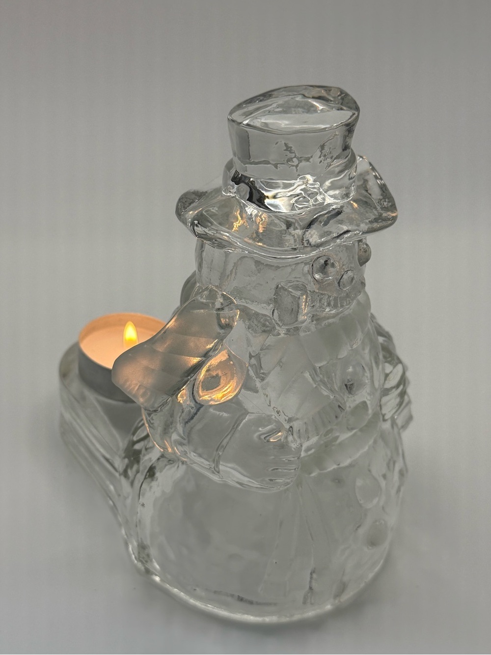 Vintage Clear Glass Large Snowman Tea Light/Votive candle Holder -